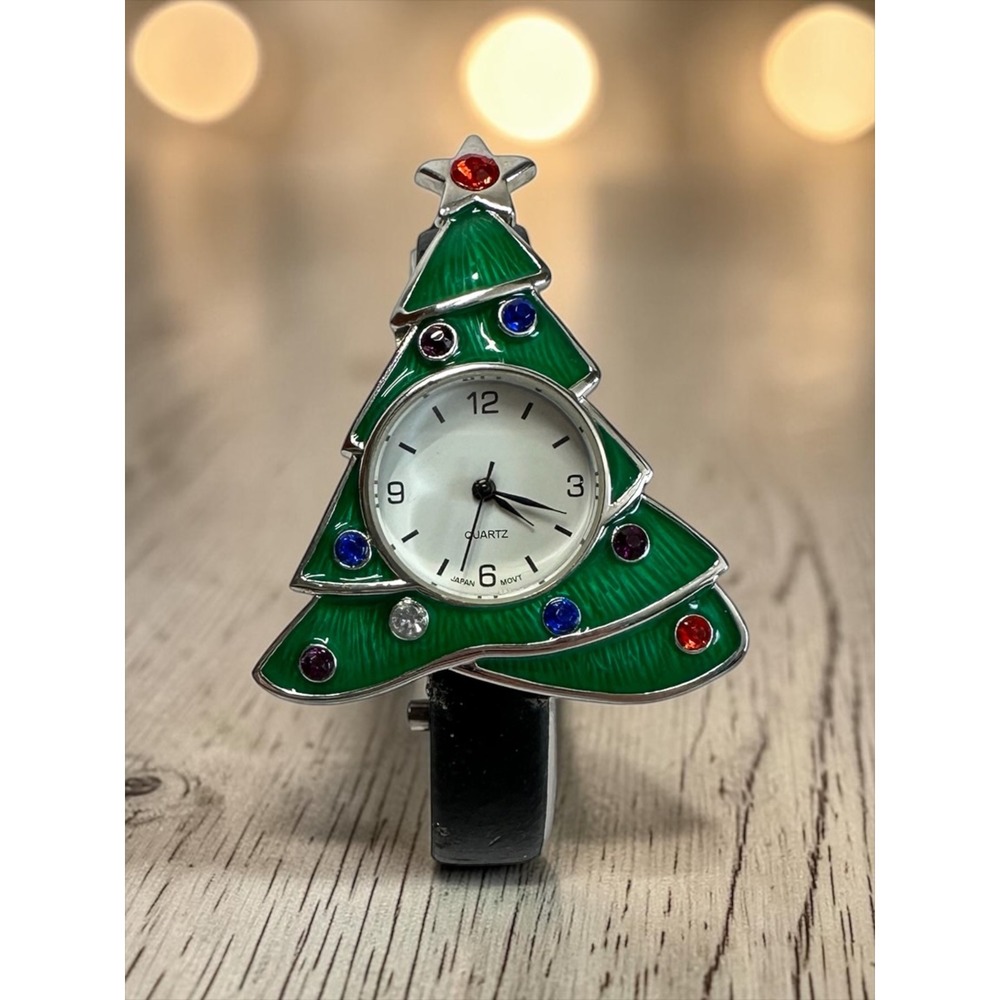 Christmas Tree Watch Green Enamel Multicolor Rhinestone Festive - Read